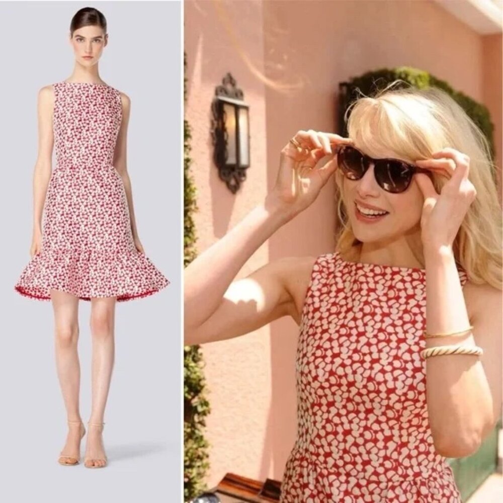 CH Carolina Herrera Red and White Printed Ruffle Dress - Size 8